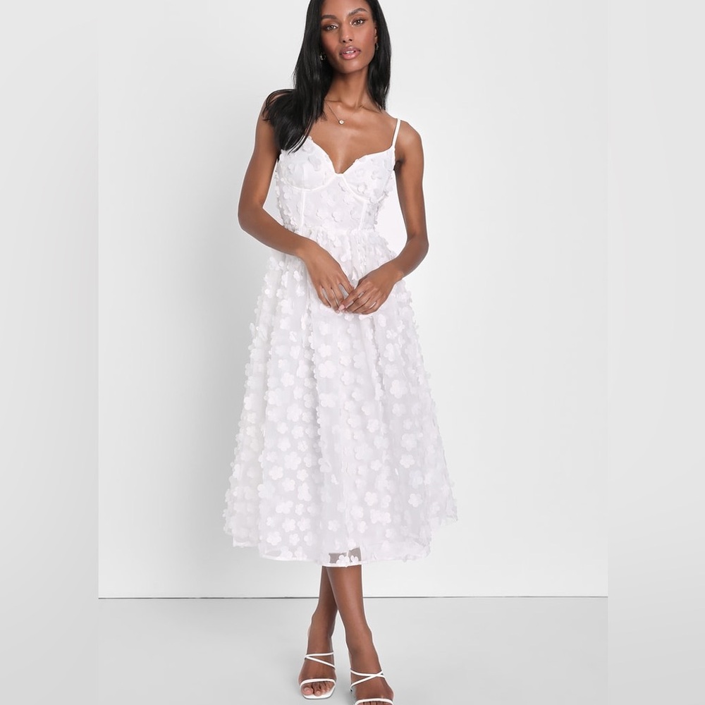 Lulu’s Whimsical Wishes White 3D Floral Bustier Midi Dress